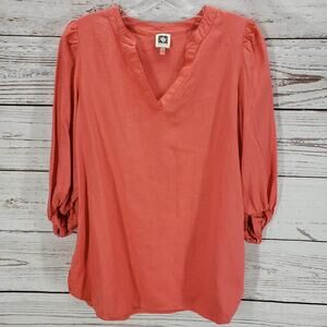 Anne Klein Women's Coral Orange Linen Blend Top Blouse Size Small